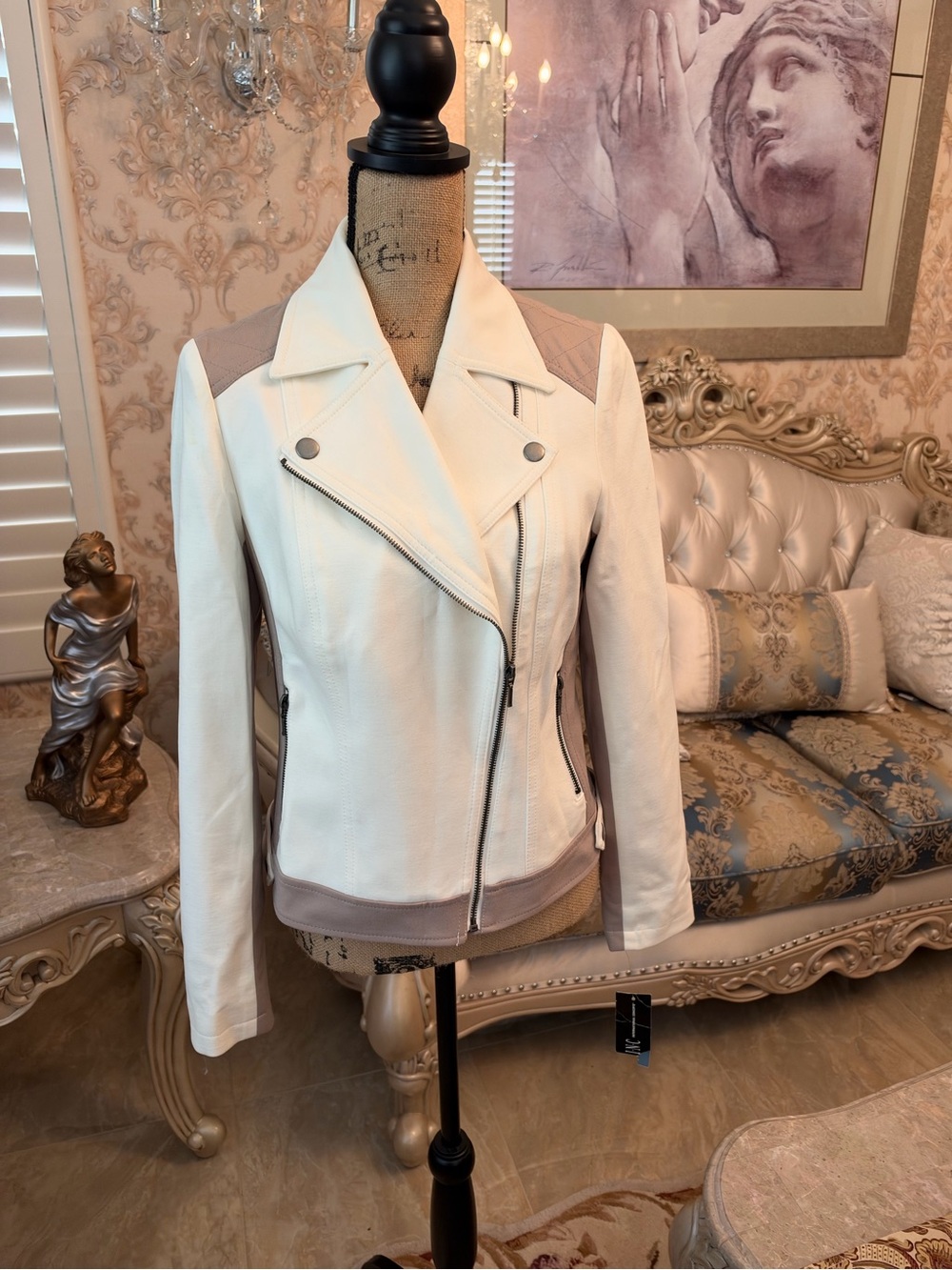 NEW—INC International Concepts Off-White&Taupe Leather Asymmetric Moto Jacket